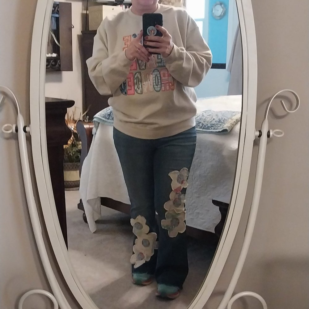 Appliqued Jeans using and Old Quilt - Picture 1 of 3